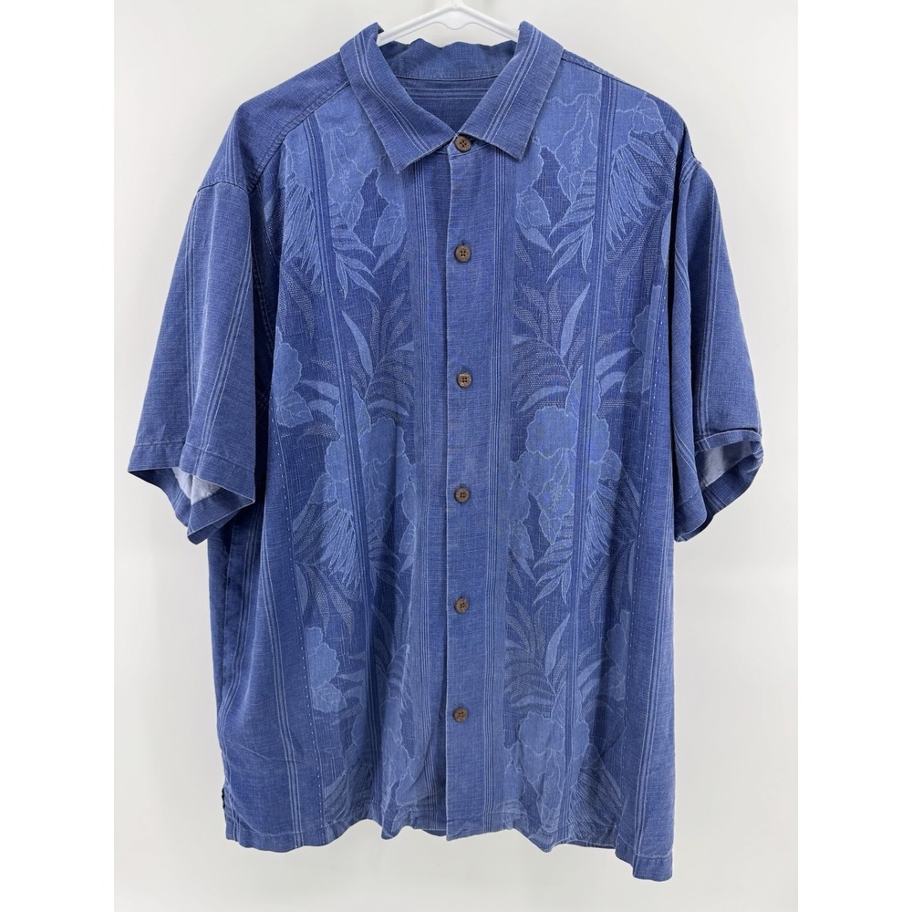 Tommy Bahama Hawaiian Shirt Mens Size XL Blue Silk Floral Short Sleeve Vacation